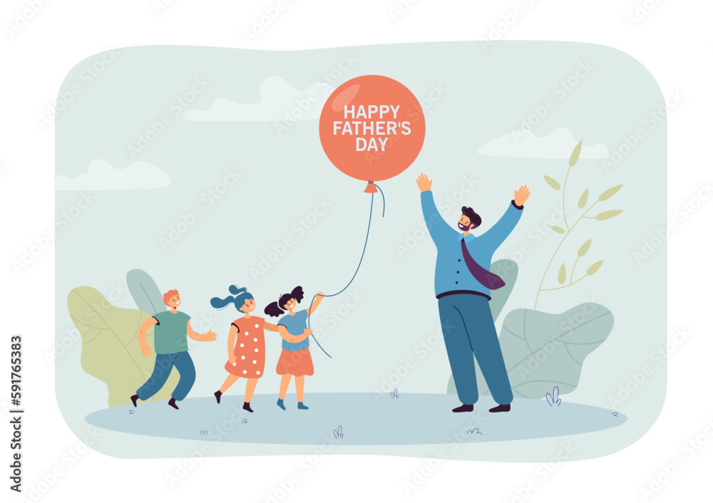 Happy children with big balloon for father vector illustration. Cartoon drawing of kids giving dad balloon with happy father day text. Father day, family, love, childhood, fatherhood concept
