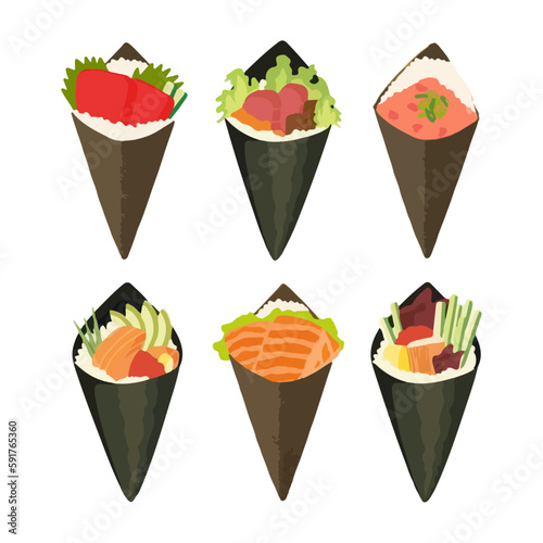 Set of Delicious Temaki or Cone Sushi with various topping. Japanese Cuisine. Watercolor vector illustration on white background