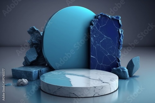 Blue stone plate cosmetic podium 3d background. abstract empty product display floor platform broken and blank rock stage, Generative AI