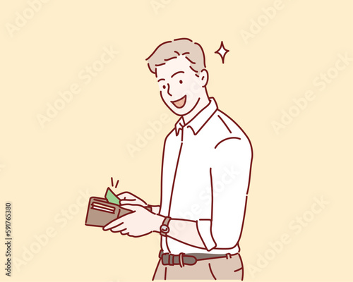 confident smiling man holding wallet full of money and looking at camera. Hand drawn style vector design illustrations.