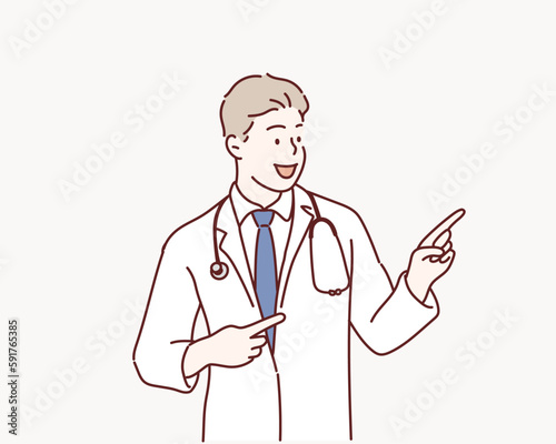 Doctor senior man, medical professional holding something in empty hand. Hand drawn style vector design illustrations.
