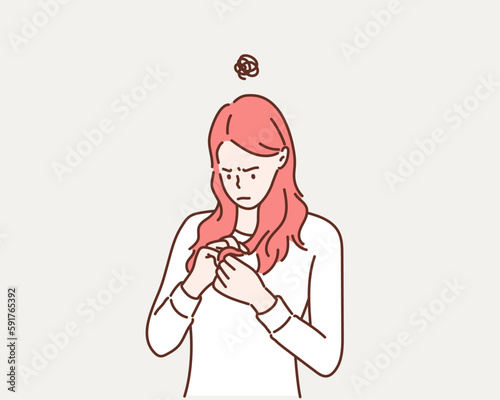 Sad girl looking at her damaged hair. Hand drawn style vector design illustrations.