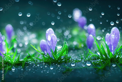 Blue crocus flowers and rain drops, Easter, Birthday, Mothers Day, generative ai