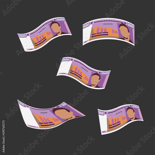 Djibouti Franc Vector Illustration. East African money set bundle banknotes. Falling, flying money 5000 DJF. Flat style. Isolated on white background. Simple minimal design.