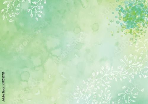 水彩の緑色のグラデーションに植物を添えた横型背景