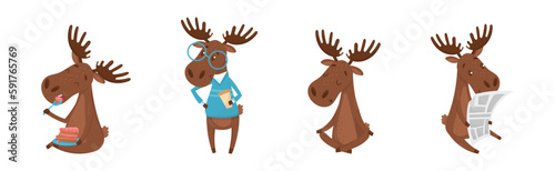 Funny Elk or Moose with Antlers and Hooves Vector Set