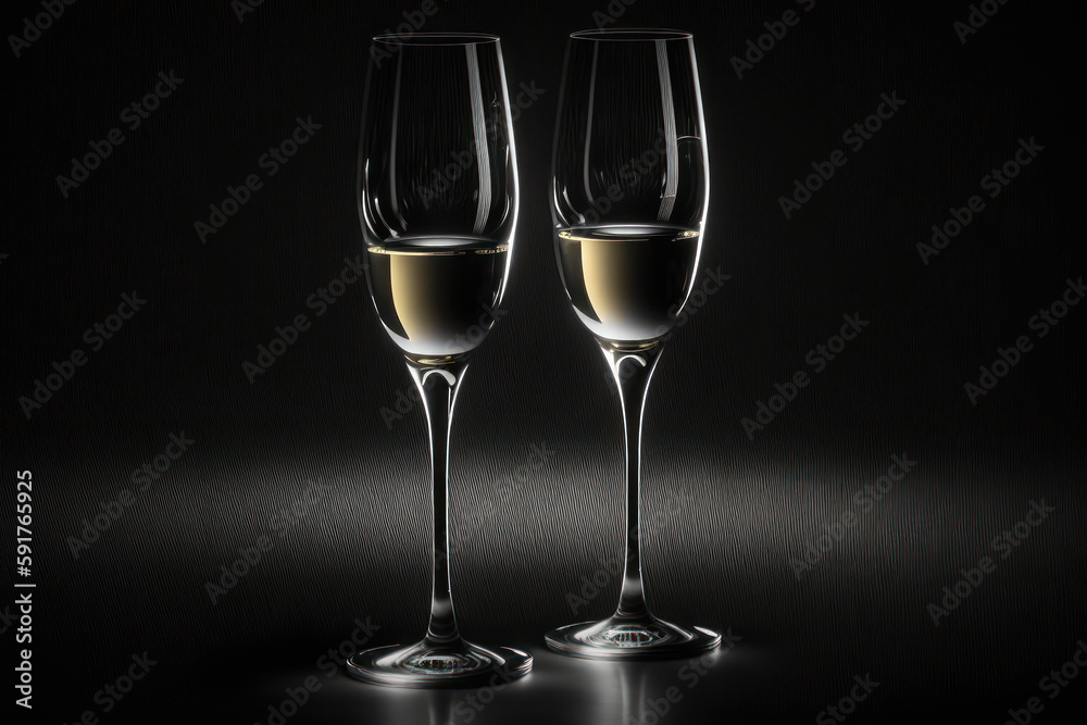 A minimalist yet elegant composition of two champagne glasses on a black background. Generative AI A minimalist yet elegant composition of two champagne glasses on a black background. Generative AI