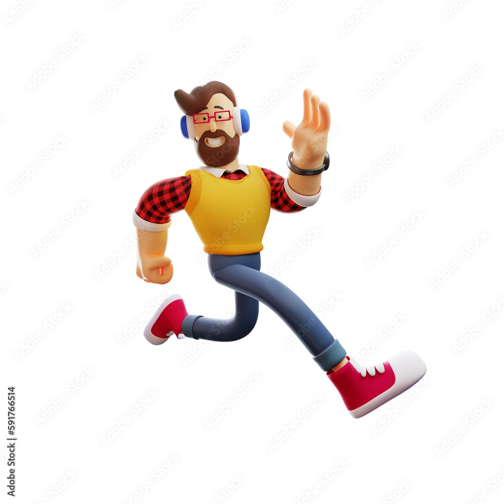 3D illustration. 3D Cartoon Design Man in running position. listen to music using earbuds. with a beautiful smile. 3D Cartoon Character 3D illustration. 3D Cartoon Design Man in running position. listen to music using earbuds. with a beautiful smile. 3D Cartoon Character