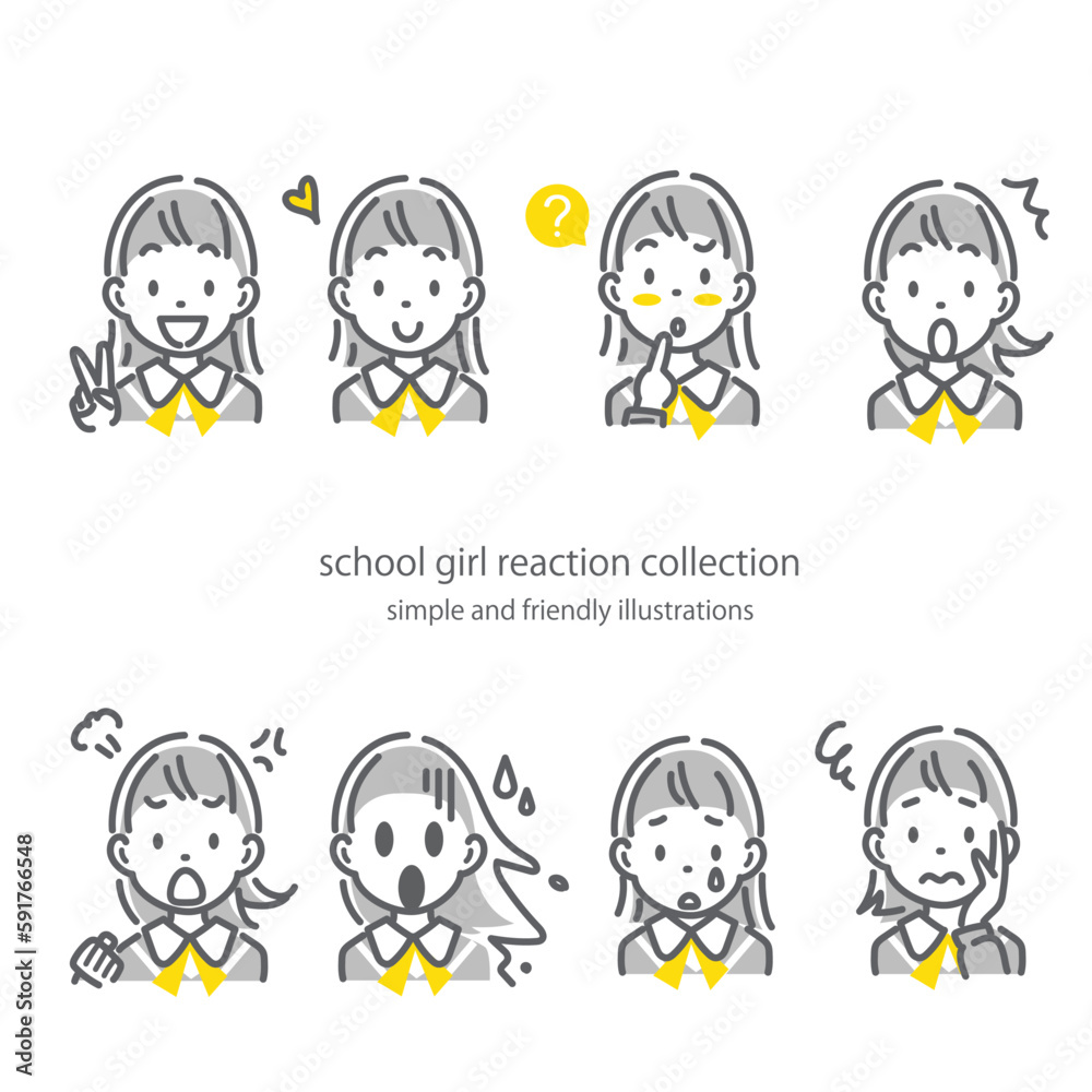 女子高生の表情いろいろイラストセット シンプルでかわいい線画イラスト 女子高生の表情いろいろイラストセット シンプルでかわいい線画イラスト