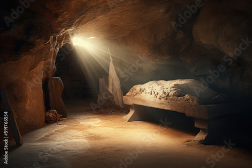 Empty tomb of Jesus Christ. Abandoned shroud and crown of thorns on the floor. Light pouring into the cave, generative AI