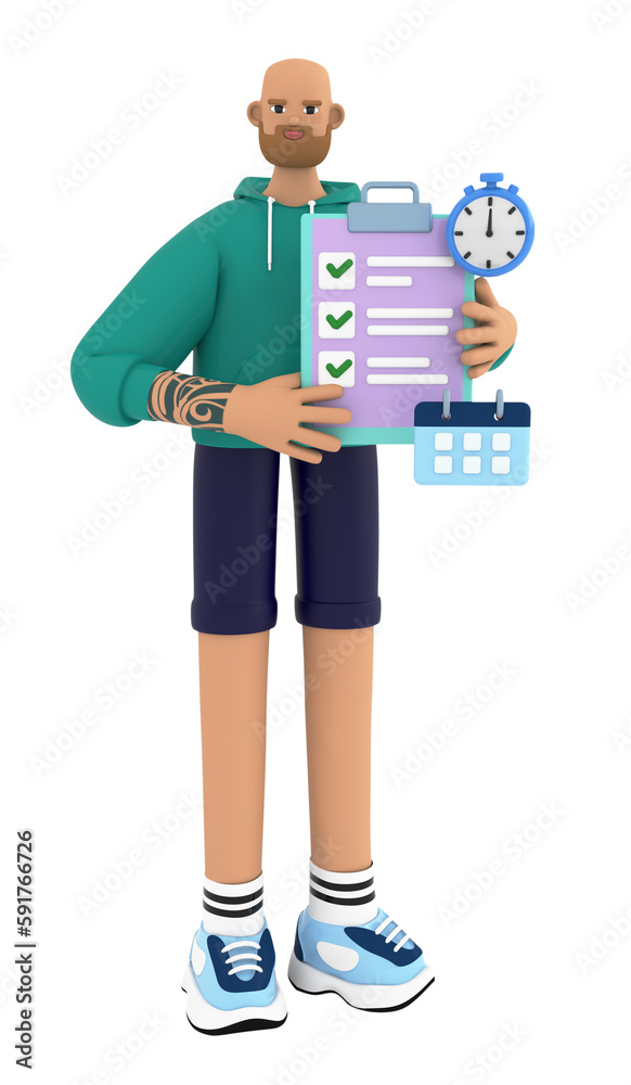 Male character holding checklist with clock and calendar icons. Planning, scheduling, achievement in business, data infographic concept. 3d render illustration on white background