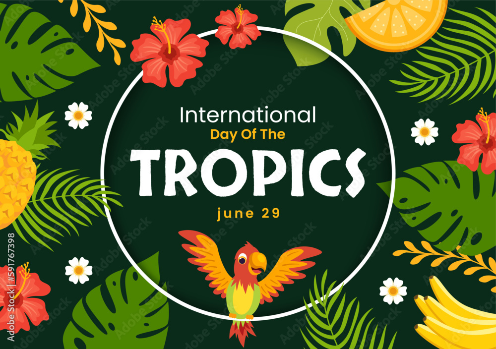 Naklejka premium International Day of the Tropic Vector Illustration on 29 June with Animal, Grass and Flower Plants to Preserve in Flat Cartoon Hand Drawn Templates