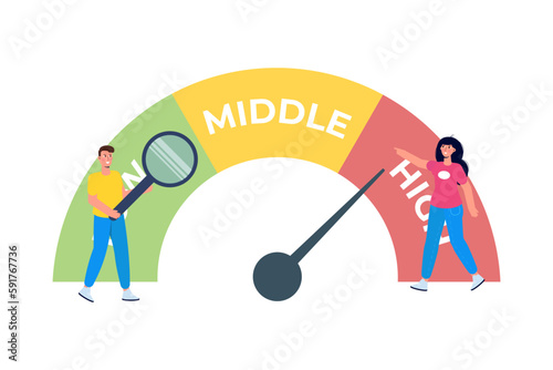 Risk management concept.  Businessman and  businesswoman turning risk meter arrow. Vector illustration.