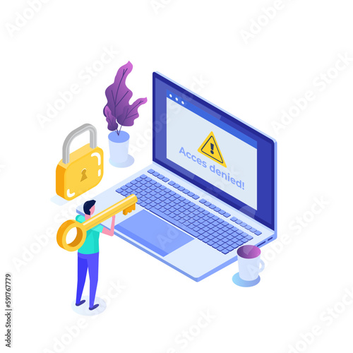 A browser window with login access denied a password entry isometric concept. Error and entry to computer device. Vector illustration.