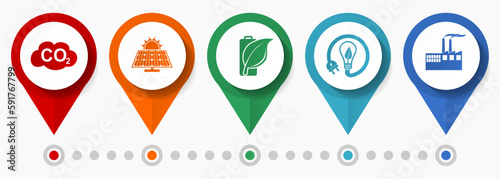 Industrial icon set, flat design miscellaneous pointer icons such as carbon dioxide, solar power,  renewable energy and factory for webdesign and mobile applications, infographic vector template