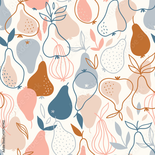 Stylish pear seamless pattern in scandinavian style. Vector fruit illustration. Natural seamless texture.