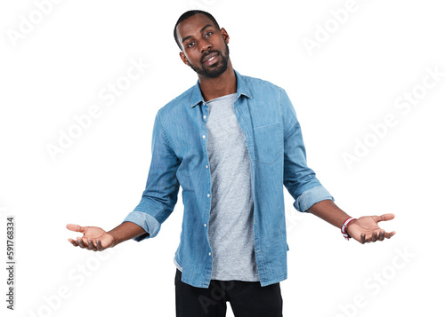 Photography Portrait, shrug and a black man on an isolated and transparent png background asking what or why