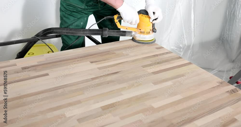 Man in protective gloves polishes wooden table surface with electric grinder machine. Foreman processes wood with professional equipment slow motion