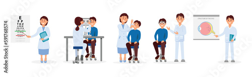 Man and Woman Ophthalmologist Doctor in Medical Uniform Observing Patient Vector Illustration Set