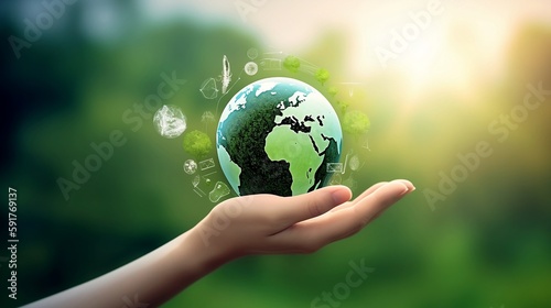 Hand holding out world with nature icons, blurred nature background, environmental, sustainable, responsible. Created using generative AI.