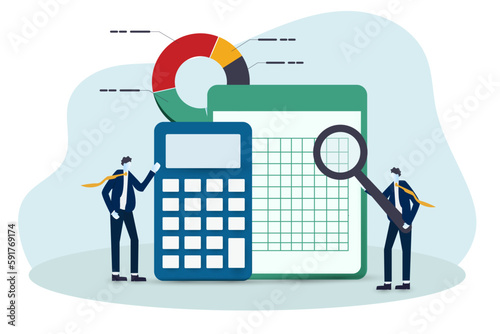 Business people accountants with calculator, spreadsheet producing reports, Accounting and finance audit, calculate budget, profit and loss, produce report graph from data, professional concept,