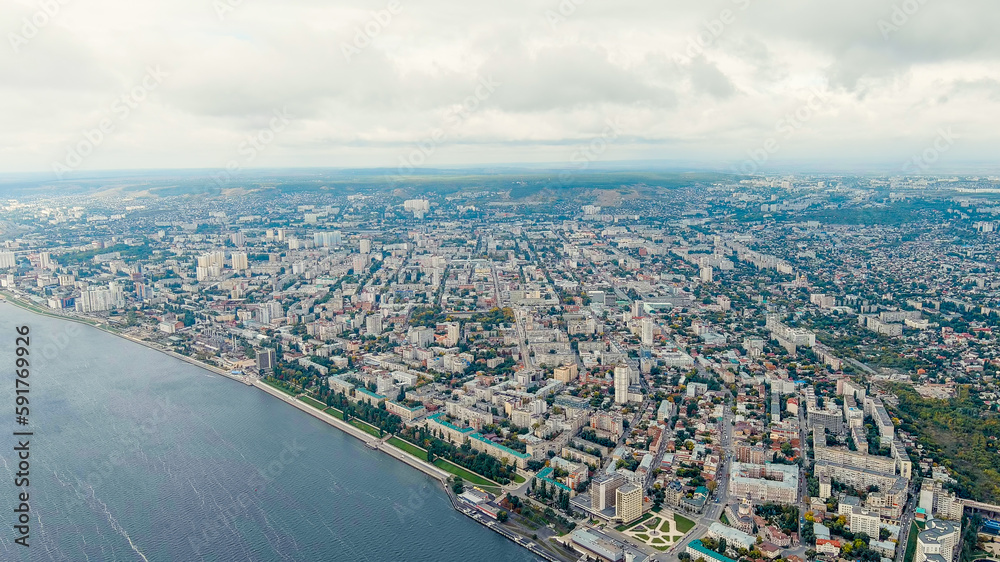 Saratov, Russia. Panorama of the city of Saratov in cloudy weather, Aerial View