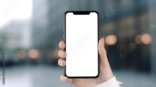 Close-up Of business Woman s Hand Holding Mobile Phone With white Screen Generative AI