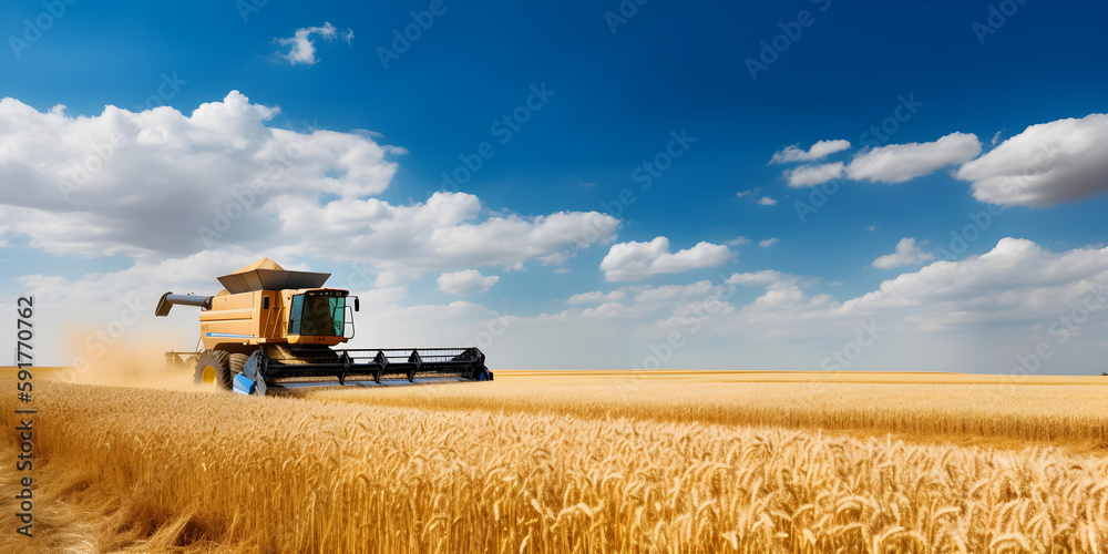 Obraz premium Combine harvester harvesting ripe wheat. Ripe ears of gold field over cloudy sky background. Rich harvest concept. Image of agriculture. generative ai