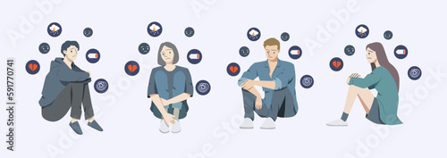people who suffers from mental health diseases,unhappy,sad and lonely.people surrounded by symptoms of Depression, sorrow, sadness, mental disorder, illness.