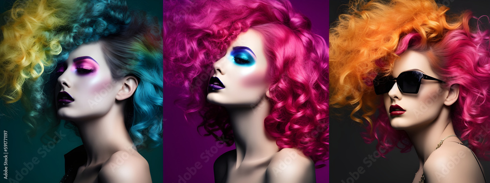 fashion trendy photo of models of three young girls of model European appearance for advertising with bright make-up and creative colors in clothes with a colored  hair. banner Generative AI