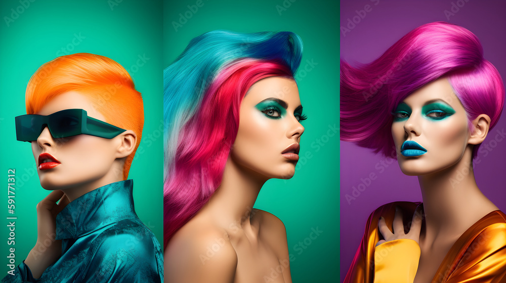 fashion trendy photo of models of three young girls of model European appearance for advertising with bright make-up and creative colors in clothes with advertising colored hair. banner Generative AI fashion trendy photo of models of three young girls of model European appearance for advertising with bright make-up and creative colors in clothes with advertising colored hair. banner Generative AI
