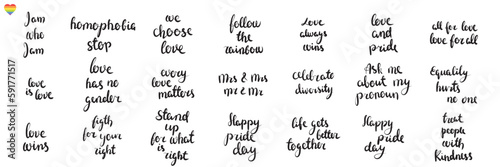 Collection of handwriting quote for Pride Month. LGBT text. Vector illustration.