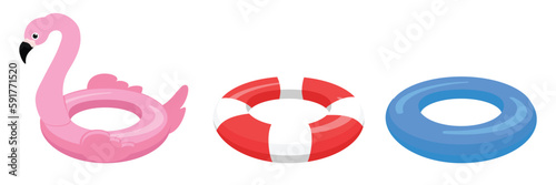 Collection of life buoy isolated on white background. Pink flamingo help ring. Classic red and white rescue circle. Blue lifebuoy. Vector illustration.