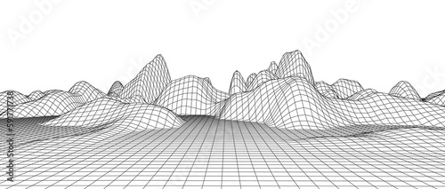 Digital wireframe landscape. Wireframe terrain polygon landscape design. Digital cyberspace in mountains with valleys. Vector illustration.