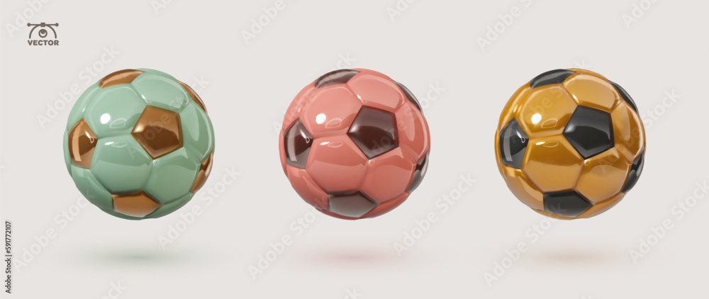 Vector colorful soccer ball collection. Green, red and gold glossy football balls isolated design elements on white background.