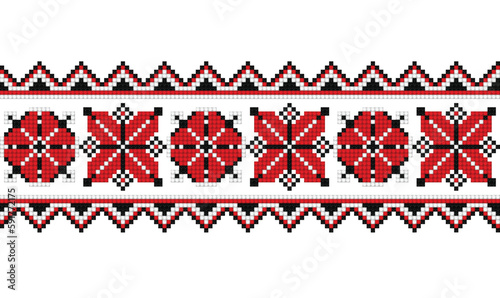 Cross-Stitch Embroideried Seamless Border with Ornate Element. Ethnic Motif, Handmade Stylization. Traditional Ukrainian Red and Black Embroidery. Ethnic Design Element. Vector 3d Illustration