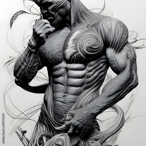 Oberkörper eines muskulösem Mannes in schwarz und weiß - Biopunk