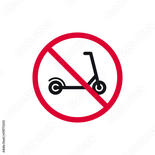 No kick scooter prohibited sign, forbidden modern round sticker, vector illustration.