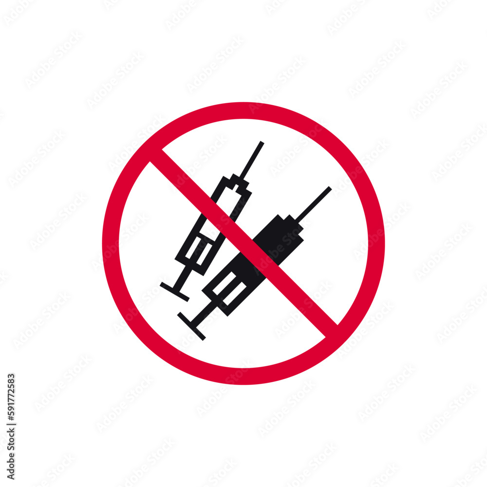 No drugs prohibited sign, forbidden modern round sticker, vector illustration.