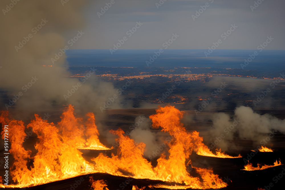 kebakaran hutan dengan api yang membakar mengakibatkan pemanasan global