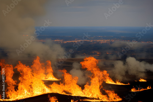kebakaran hutan dengan api yang membakar mengakibatkan pemanasan global