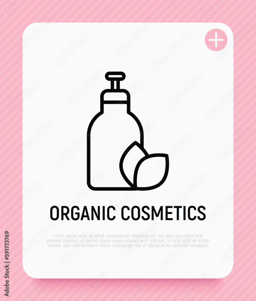 Organic cosmetics thin line icon: glass bottle with dispenser and leaf sign. Natural skin care. Modern vector illustration for beauty shop. Organic cosmetics thin line icon: glass bottle with dispenser and leaf sign. Natural skin care. Modern vector illustration for beauty shop.