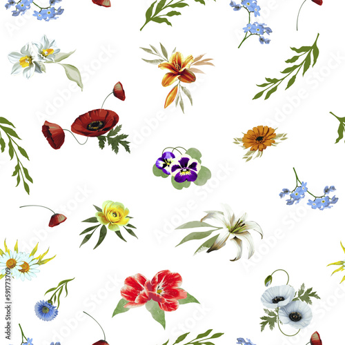 Seamless pattern decorative floral elements on a white background