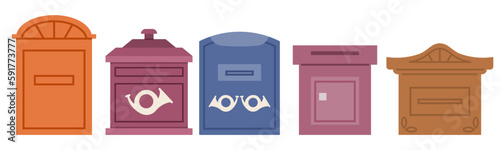 Mail box vector set post mailbox or postal letterbox mailing and postboxes for delivery mailed letters to various countries illustration isolated. Street stainless containers for paper correspondence
