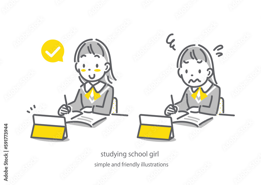 オンライン学習が順調な女子高生と苦戦する女子高生　シンプルでかわいい線画イラスト