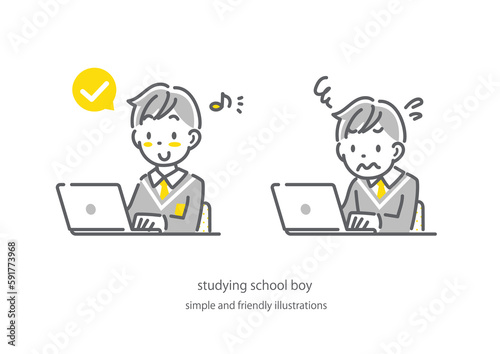 パソコン学習が順調な男子高校生と苦戦する段位s高校生 シンプルでかわいい線画イラスト
