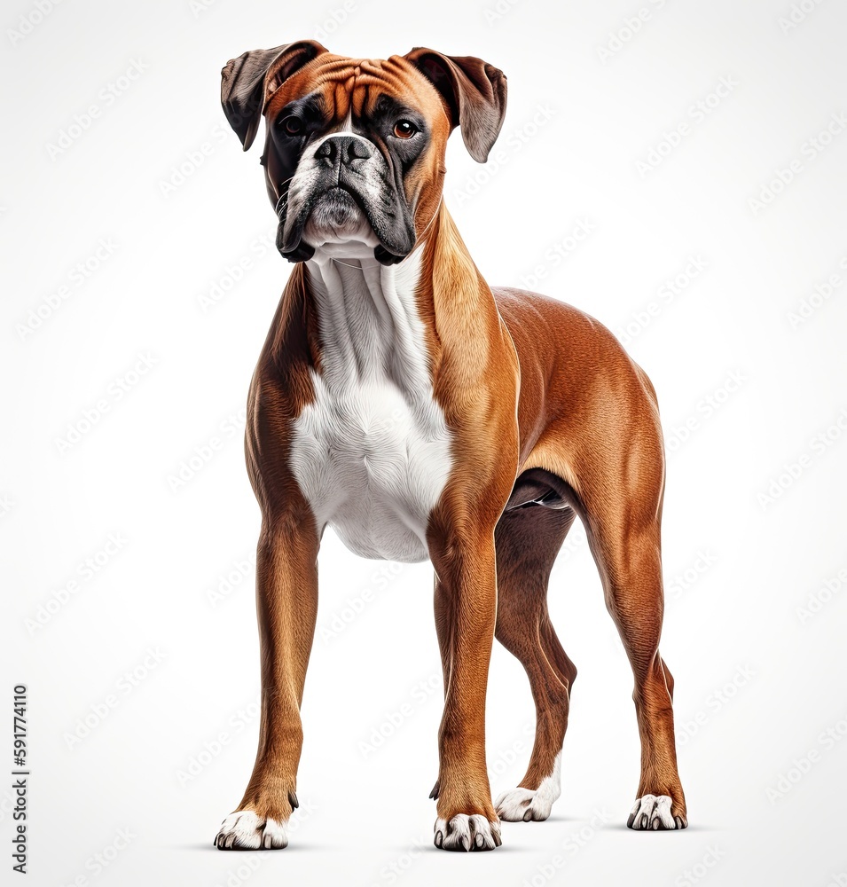 Beautiful and elegant boxer dog on white background, strong and loyal dog. Generative AI