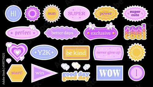 Y2K retro stickers with short phrases and motivations, sticker pack, vector collection of tags and stickers in retro style.