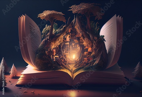 Open book with fairtytale fantasy world of literature, generative ai photo
