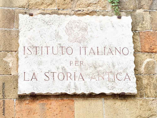 Marble plate of the Istituto Italiano per la Storia antica in Rome, Italian Institute promoting and coordinating scientific research in the field of ancient history photo